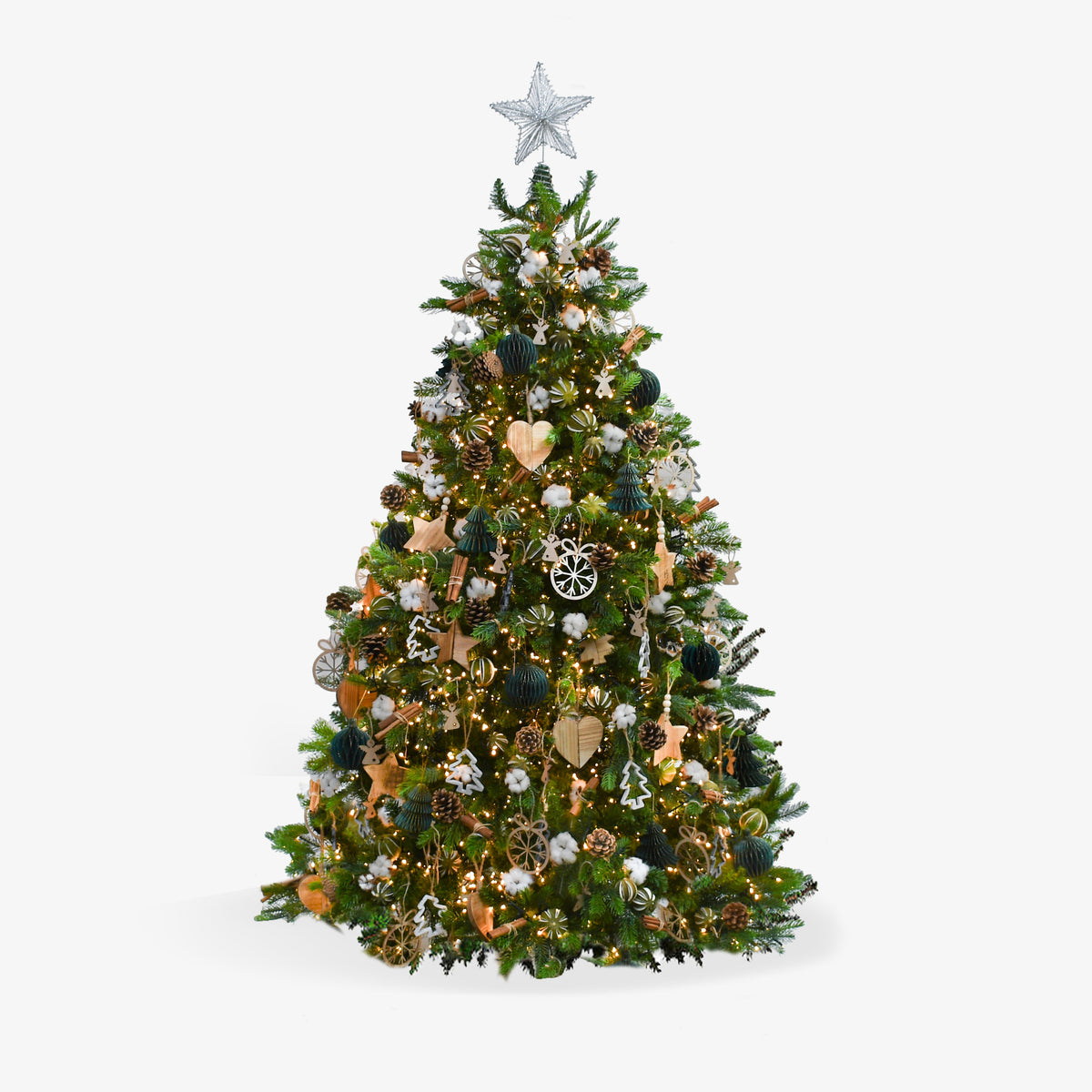 Moyses Stevens Rustic Christmas Tree decorated with wooden decorations, cotton stems, dried lime and cinnamon