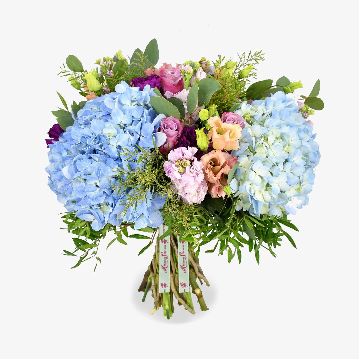 once in a blue moon luxury flower bouquet by Moyses Stevens UAE featuring Hydrangea, Roses, Lisianthus, Carnations, and Seasonal greenery