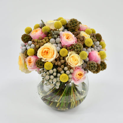 Moyses Stevens Brunia and Rose Christmas bouquet with garden roses and silver brunia