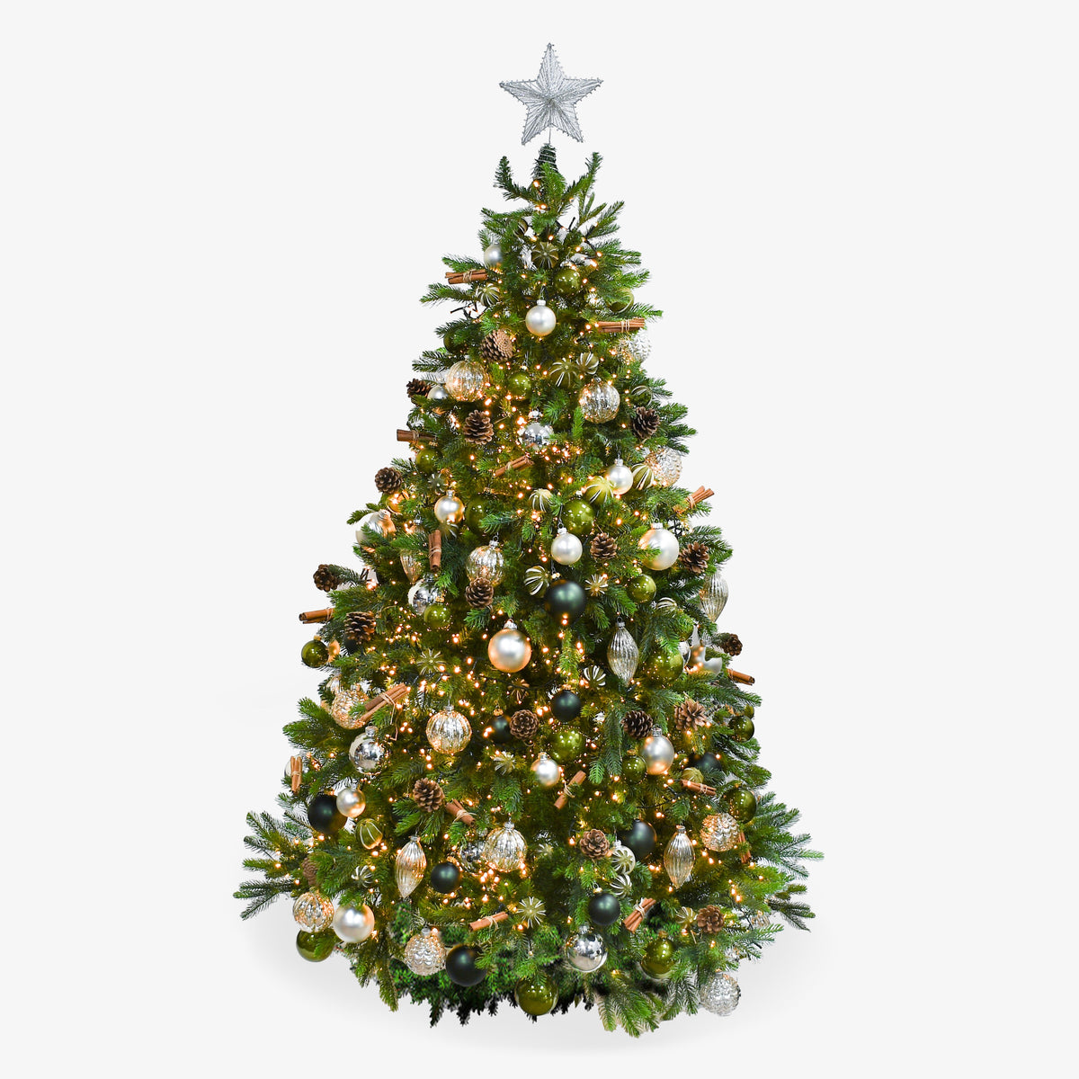 Moyses Stevens Silver and Green Christmas Tree decorated with silver and green baubles, lime, cinnamon and pinecones