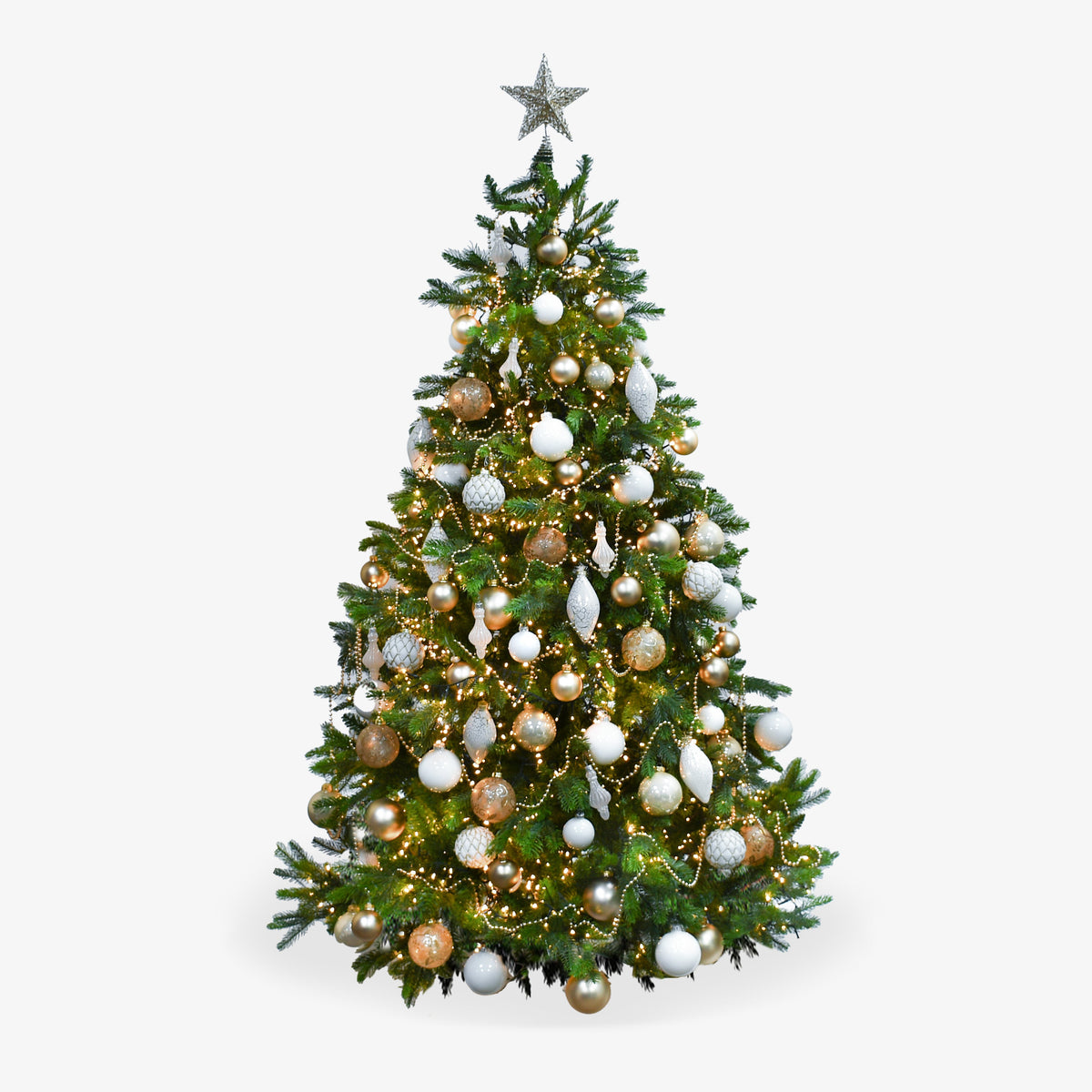Moyses Stevens White and Gold Christmas Tree decorated with white and gold baubles, pearl garland and a gold star