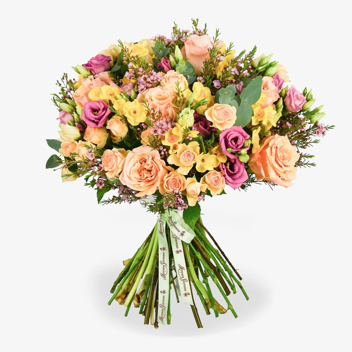 Peach Heirloom luxury flower bouquet by Moyses Stevens UAE featuring ruffled peach petals with the deep, saturated hues of fragrant lisianthus. Accented with the dainty charm of spring bulbs and ethereal pink waxflower.