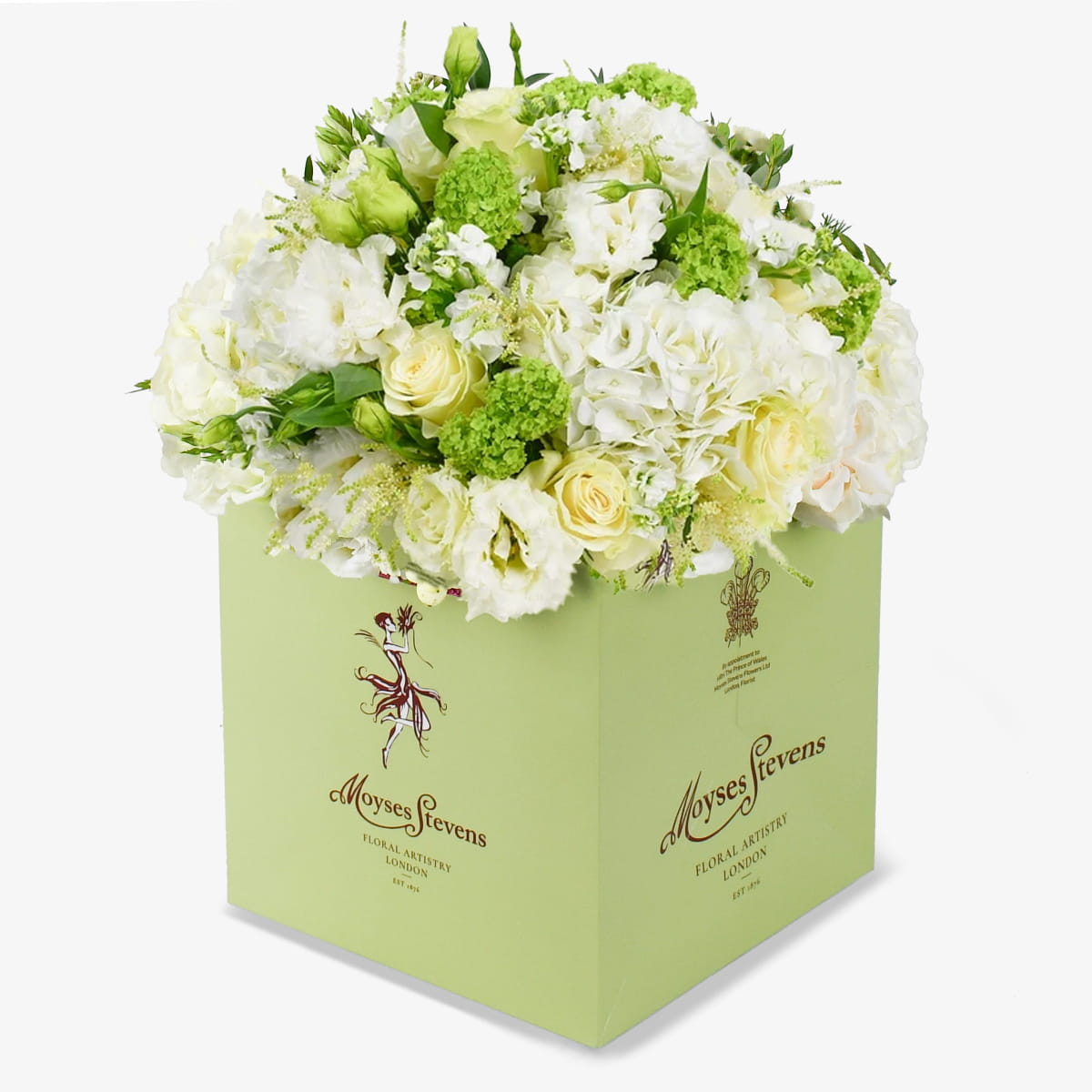 White and green bag luxury flower bouquet by Moyses Stevens UAE featuring  premium Ecuadorian Mondial roses, hydrangeas, lisianthus, astils, phlox, and Guelda-roses