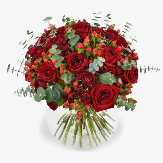 classic red rose luxury flower bouquet by Moyses Stevens UAE featuring Red Roses, Red Spray Roses, Red Hypericum, Eucalyptus, Salal