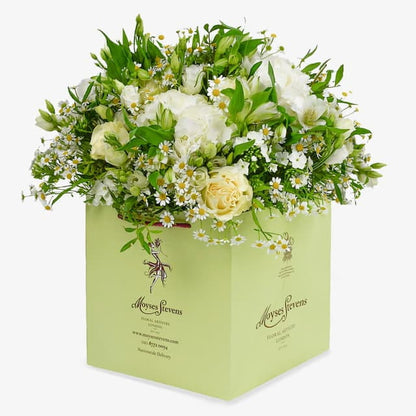 Green Pastures luxury flower bouquet by Moyses Stevens UAE featuring White alstroemeria and seasonal greenery.