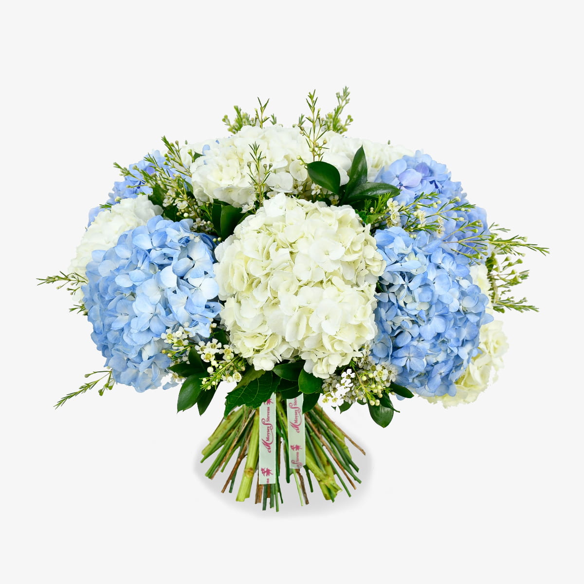 Hydrangea Delight luxury flower bouquet by Moyses Stevens UAE featuring roses and fragrant eucalyptus.