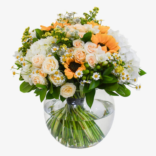 Meadow delight luxury flower bouquet by Moyses Stevens UAE featuring Hydrangea, Sunflowers, Solidago, White Freesia, Tanacetum, Hypericum, Spray Roses, Astrantia